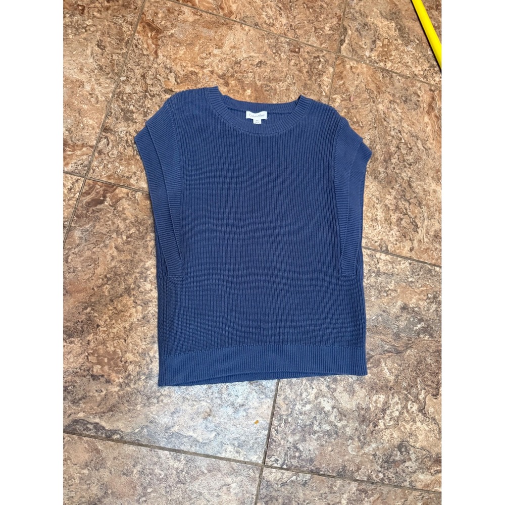 Calvin Klein Womens Blue Ribbed Knit Sleeveless Sweater Vest Crew Neck Size M